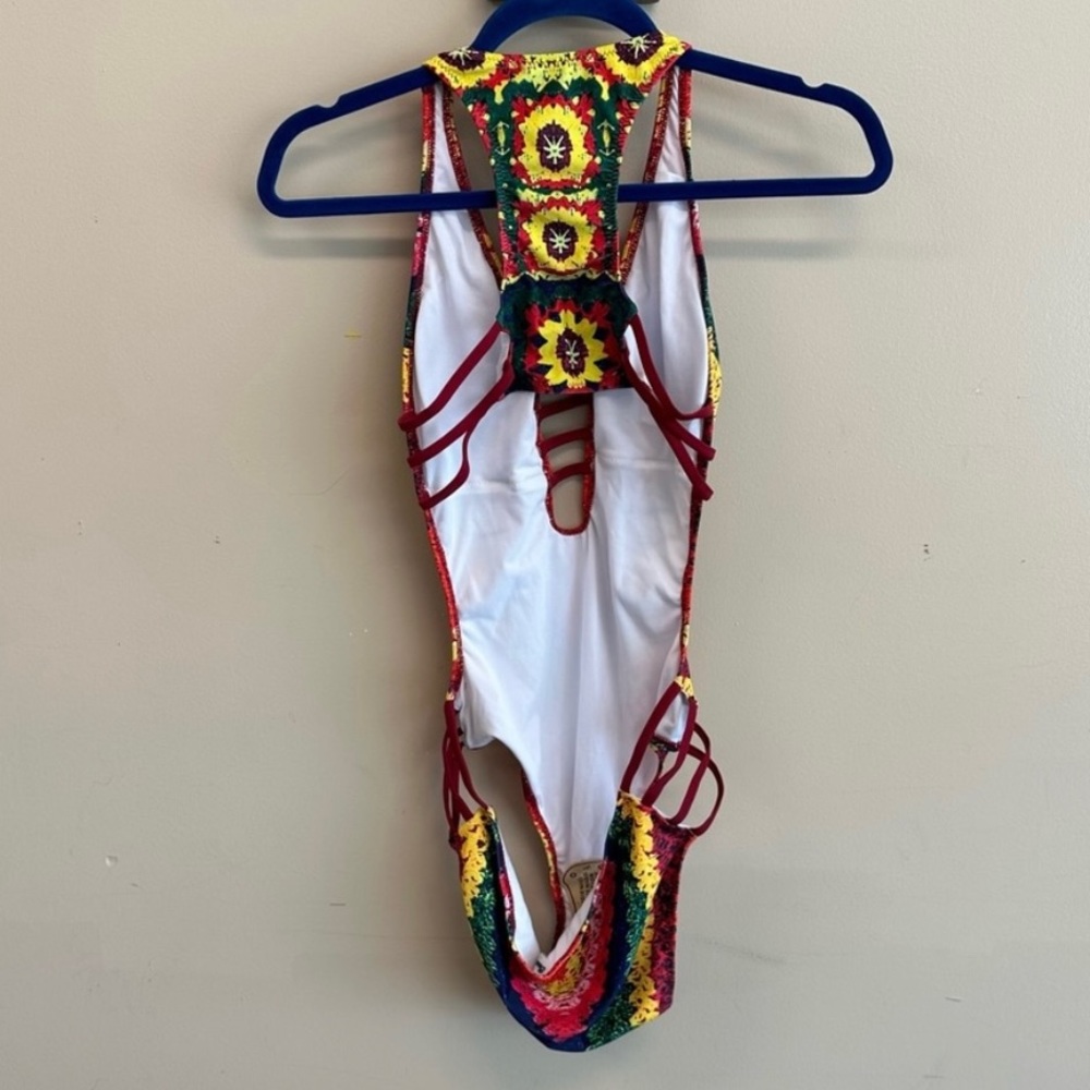 BeachBum one piece swimsuit retro strappy colorful rainbow medium